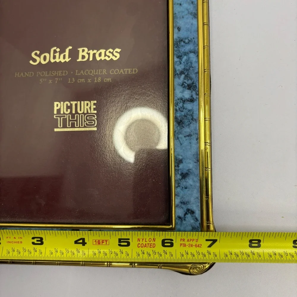 Picture‎ This Solid Brass 5x7 Picture Frame Blue Marble Inlay Bamboo Gold Trim